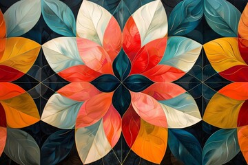 Poster - Colorful floral mural featuring abstract leaves in vibrant shades on a dark background, showcasing artistry and design. Generative AI