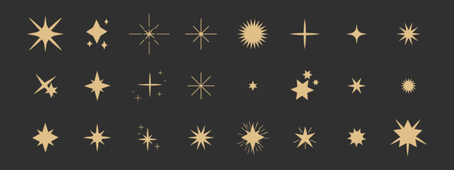 Wall Mural - set gold shine sparkle icon glare,light,blink star minimal shape, burst and rays golden decoration. 