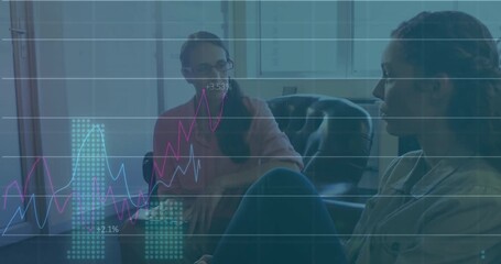 Poster - Financial data graphs animation over diverse people discussing in office
