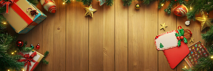 Wall Mural - wooden cabinet table , top view, the center of the table is empty, on the left side of the table there is a Christmas toy, on the right a greeting card, top view, top view,