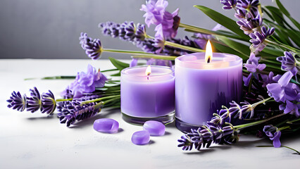 lavender candles are sitting next to a bunch of lavender flowers