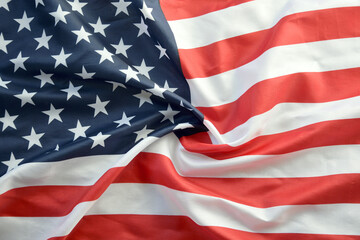 United States of America flag with stars and stripes close up. Official US Banner waving with folds