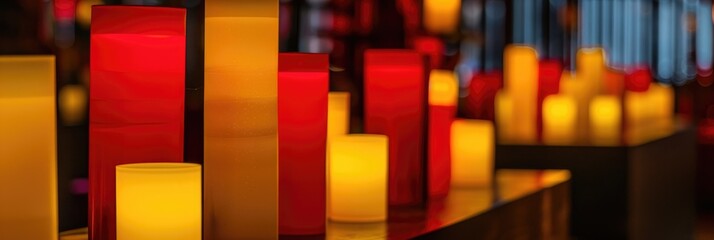 Wall Mural - Elegant display of glowing yellow and red candles in an indoor setting