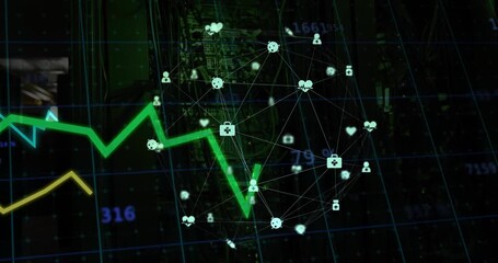 Poster - Green line graph and medical icons network animation over cityscape
