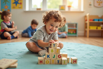 Happy boy building with alphabet blocks in kindergarten