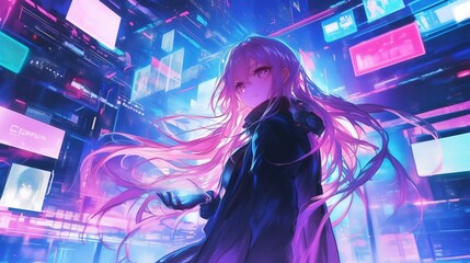 Wall Mural - anime girl with long pink hair