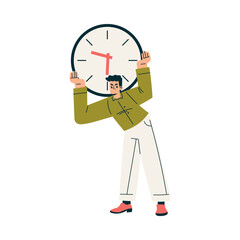 Poster - multitasking man character doing multiple task carry clock on his back vector illustration