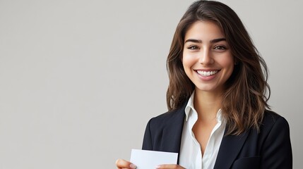 Poster - Businesswoman with a friendly smile, holding a business card. Copy space available on the left side for text