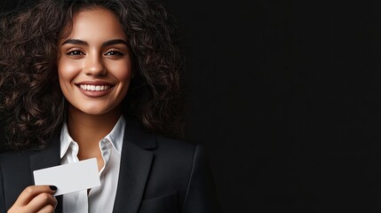 Poster - Businesswoman with a friendly smile, holding a business card. Copy space available on the left side for text