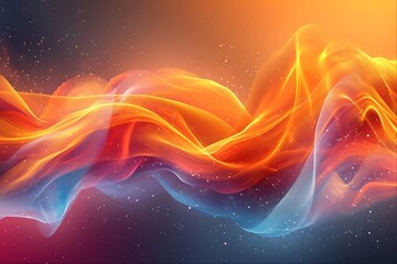 Wall Mural - Abstract background with flowing orange and blue waves, glowing particles, and a starry night sky.