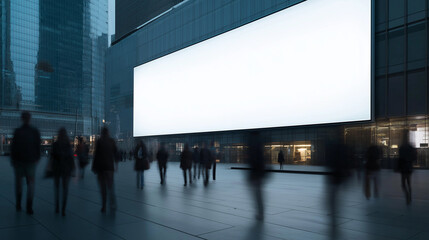 Blurry commuters walking past a large blank billboard in a subway station.