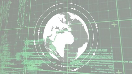 Aufkleber - Rotating globe with data processing animation over green coding background