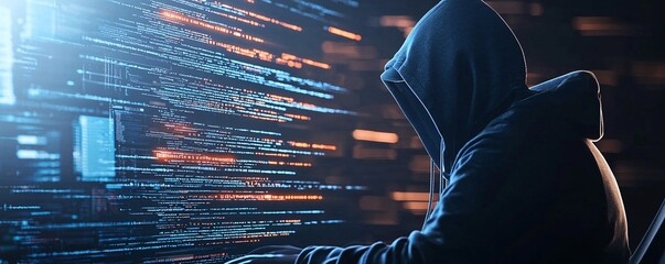 Poster - a hooded hacker figure working at a computer, with digital code flowing in the background, leaving r