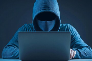 Poster - a hacker's hands typing on a laptop, with a faint reflection of a masked face on the screen, creatin