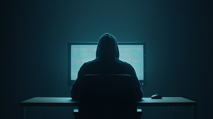 Poster - a shadowy figure in a dark hoodie sits at a computer, the face obscured by the screen's glow, repres