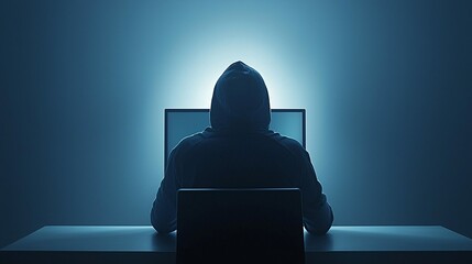 Poster - a shadowy figure in a dark hoodie sits at a computer, the face obscured by the screen's glow, repres