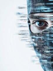 Poster - A hacker's face partially obscured by a mask, with a digital code overlay creating an air of mystery. The composition includes significant copy space for text or visual elements.