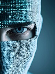 Poster - A hacker's face partially obscured by a mask, with a digital code overlay creating an air of mystery. The composition includes significant copy space for text or visual elements.