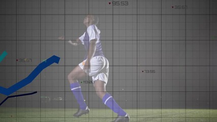 Poster - Graph and data analysis animation over soccer player jumping on field