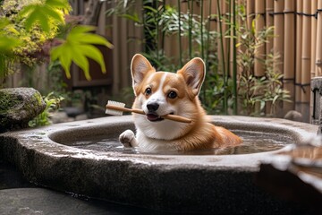 Wall Mural - Corgi in Japanese Bath with Bath Brush