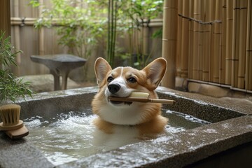 Wall Mural - Corgi in Japanese Bath with Bath Brush