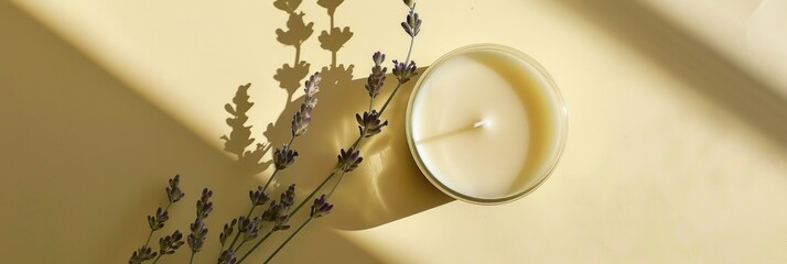 Wall Mural - Aromatic candle with a lavender shadow in a top view.