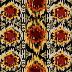 Ikat pattern hand drawn Golden brown tone, Motif ethnic  floral seamless textil,  embroidery, print striped ornament floral, pattern, design for wrapping, silk, scarf, background, textile