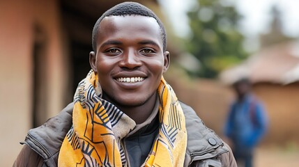 Wall Mural - A handsome Rwandan man. Rwanda. A young African man smiles warmly while wearing a colorful scarf, set against a blurred outdoor background. . #motw