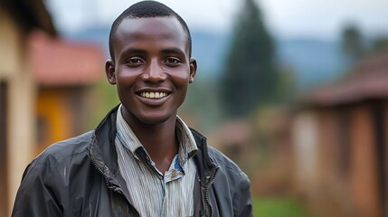 Wall Mural - A handsome Rwandan man. Rwanda. A young man smiles confidently in a rural setting, showcasing warmth and community spirit. . #motw