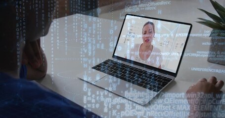Poster - Programming code animation overlaying person video conferencing on laptop screen