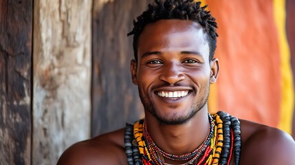 A handsome Swazi man. Eswatini. A smiling young man adorned with colorful beads and tribal jewelry, set against a rustic backdrop. . #motw