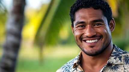 A handsome Tongan man. Tonga. A cheerful man with curly hair smiles warmly in a tropical setting, surrounded by lush greenery. . #motw