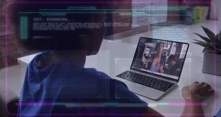 Poster - Watching video on laptop, person with futuristic scanning animation overlay