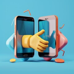 Wall Mural - Smart digital contract with 3d shapes. Handshake coming out of two mobile phones isolated on blue background. Vector 3d illustration