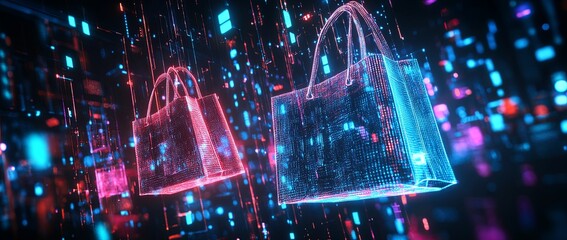 Wall Mural - Virtual Shopping Bags Hovering in a Cyber Space