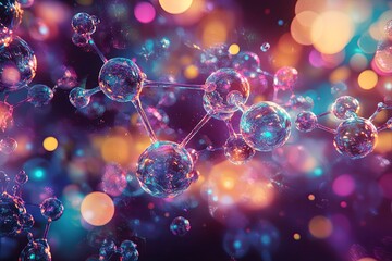 Poster - Colorful molecular structures floating in a cosmic environment with blurred bokeh background effects. Generative AI