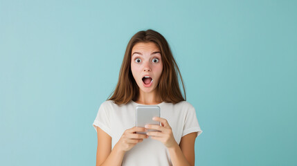 A portrait of a surprised young woman staring at her smartphone in disbelief, her wide eyes and open mouth capturing the shock and amazement of the moment, photo