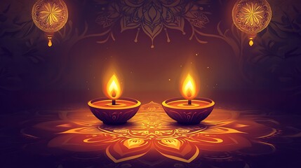 diwali two oil lamps and mandala. and. This image features two traditional oil lamps (diyas) glowing softly against a beautifully designed background, symbolizing warmth and celebration. 