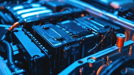 Poster - A close up of a car engine with a blue background