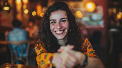 Poster - Young woman smiling and shaking hands in a casual meeting, captured in a warm, environment. This image portrays a friendly greeting and a positive first impression.