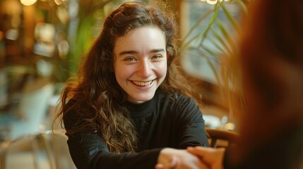 Poster - Young woman smiling and shaking hands in a casual meeting, captured in a warm, environment. This image portrays a friendly greeting and a positive first impression.