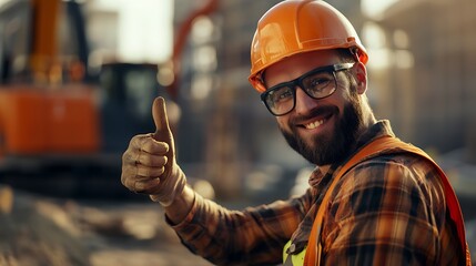 Wall Mural - A construction worker giving a thumbs up after successfully completing a complex installation task.