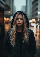 a young woman with long blonde hair stands in a city street on a rainy evening, wearing a black hood