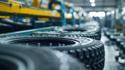 Wall Mural - A tire factory with many tires on a conveyor belt