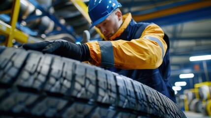 Wall Mural - A man is working on a tire in a factory