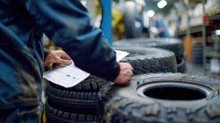 Wall Mural - A man is looking at a tire and writing on a piece of paper