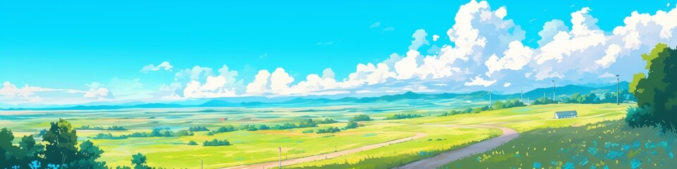 Enchanting Anime-Style Rice Farm: Whimsical Spring Harvest Scene with Winding Path. Dreamy 4K Wallpaper for Children's Books and Creative Marketing. Soft Pastel Colors in High-Resolution Cartoon Illus