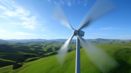 A close-up of a single wind turbine against a backdrop of rolling green hills. The turbine's blades are captured in motion. Generative AI illustration 