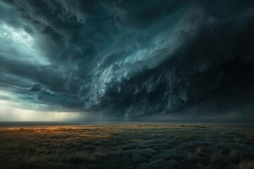 A dramatic landscape showcasing dark storm clouds looming above a vast field, capturing nature's raw power and beauty.