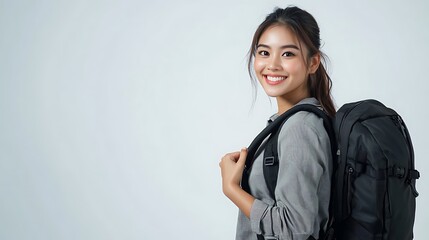 A young woman with a backpack smiles confidently against a neutral background, showcasing style and outdoor readiness. 